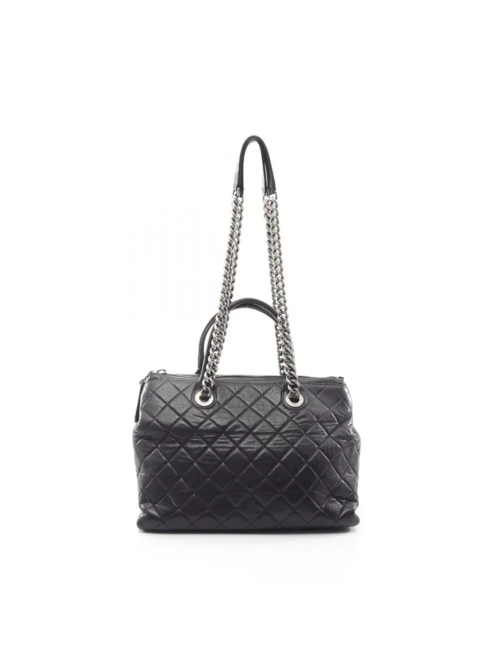 Chanel Tote Bag Quilted Antique Silver 2-Way Black Leather Chain